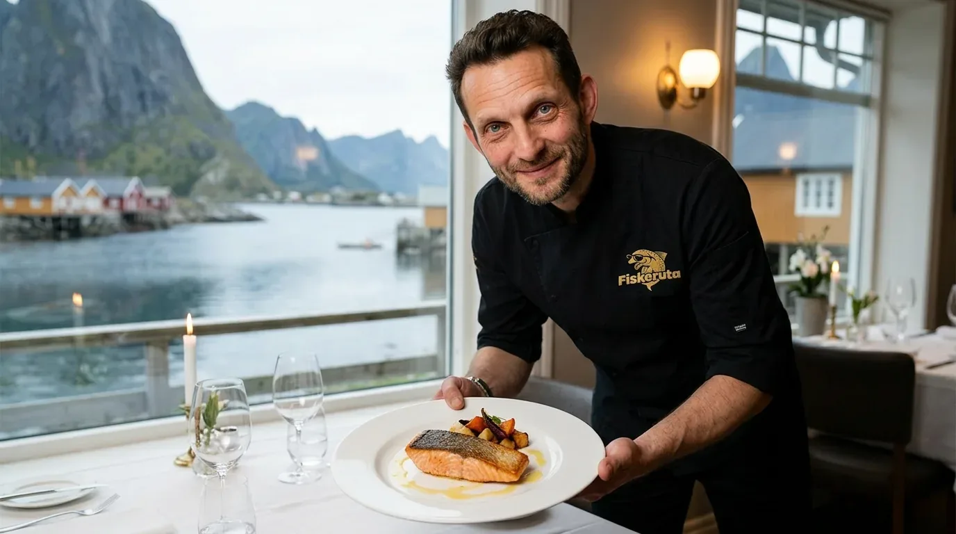 Nicolai Radmer Nielsen serverer perfekt anrettet laksefilet med ovnsbakte grønnsaker — Lofoten i bakgrunnen