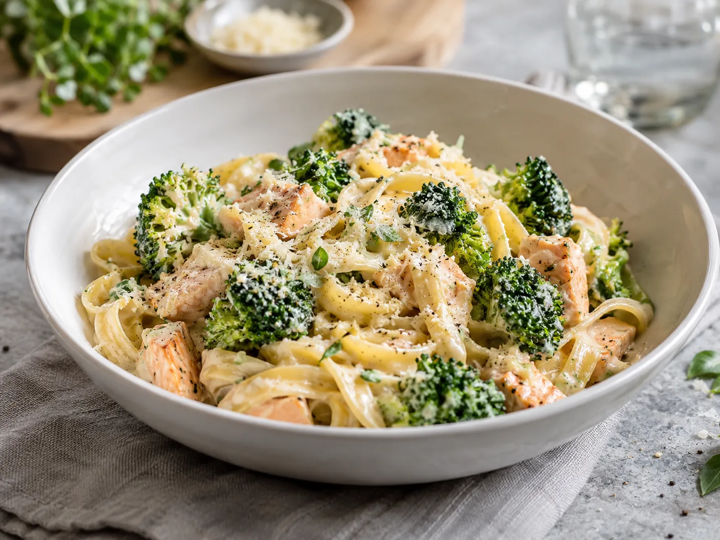 Kremet pasta med laksebiter, brokkoli og revet parmesan i hvit bolle