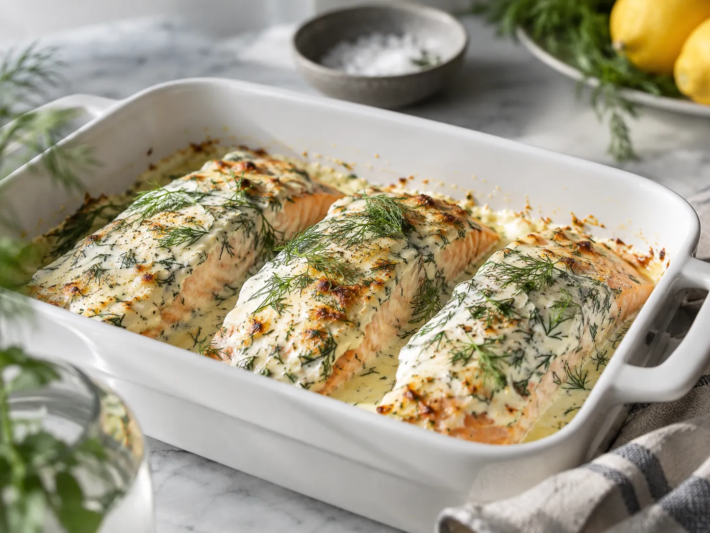 Laksefileter i ildfast form dekket med crème fraîche og dill, rett fra ovnen