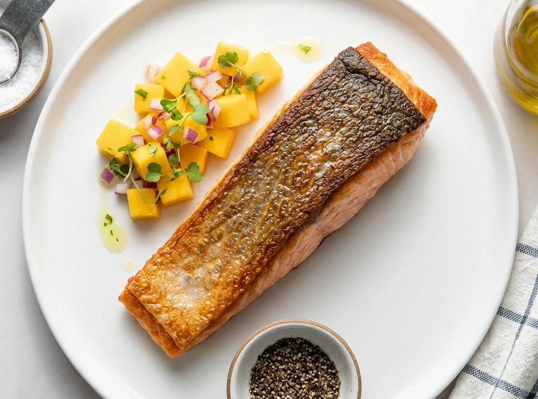 Pannestekt laksefilet med gyllen stekeskorpe, limedressing og frisk mangosalat