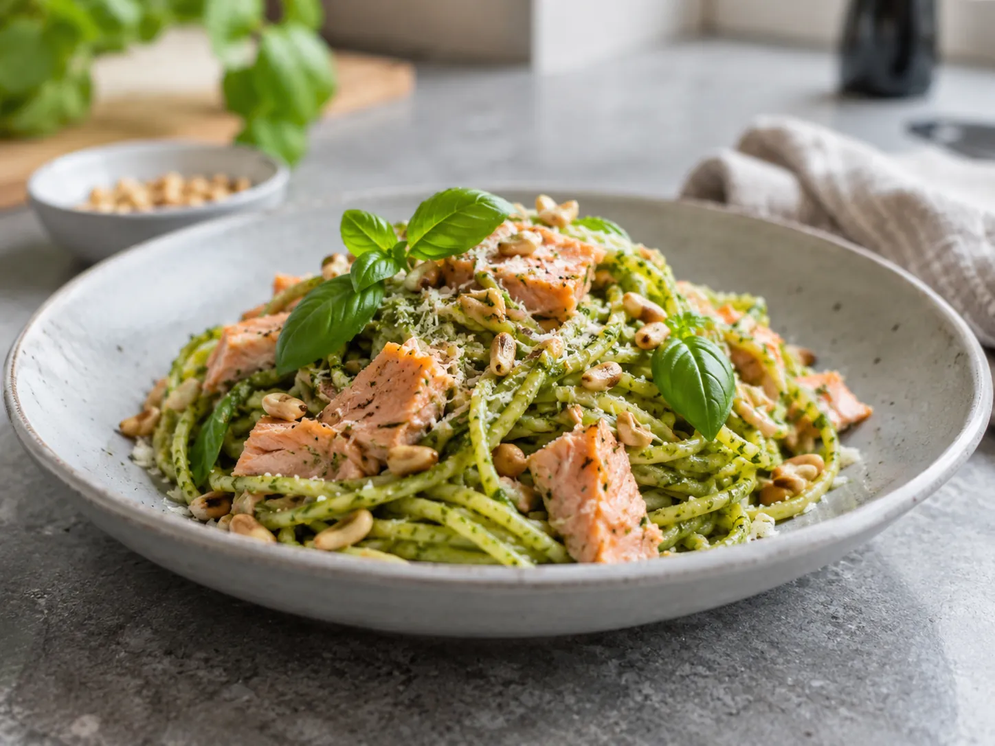 Pasta med grønn pesto, laksebiter, pinjekjerner og basilikum