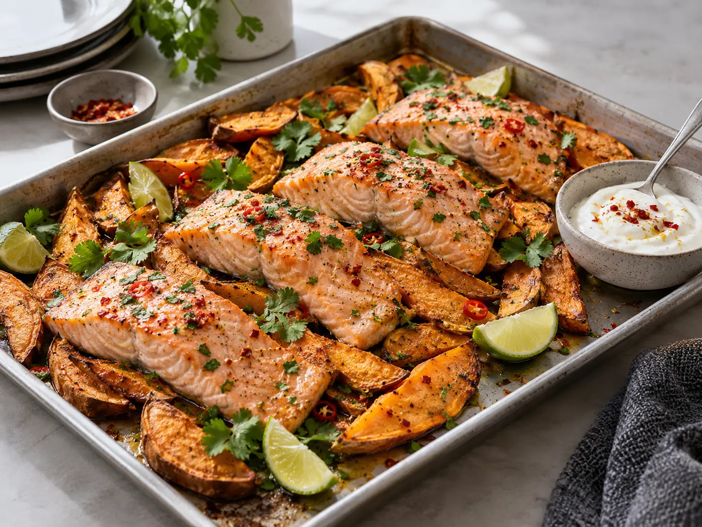 Laksefileter på søtpotetbåter i langpanne med lime, chili og rømme