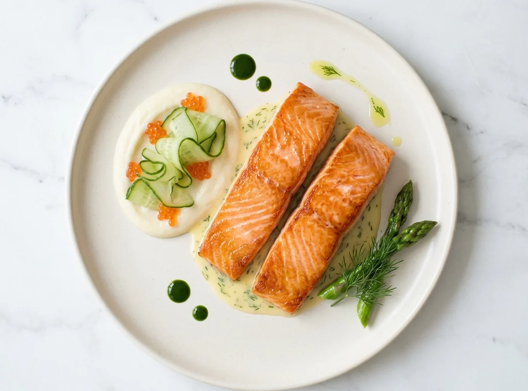 Laks til middag — pannestekt laksefilet med blomkålpuré, syltet agurk og rogn