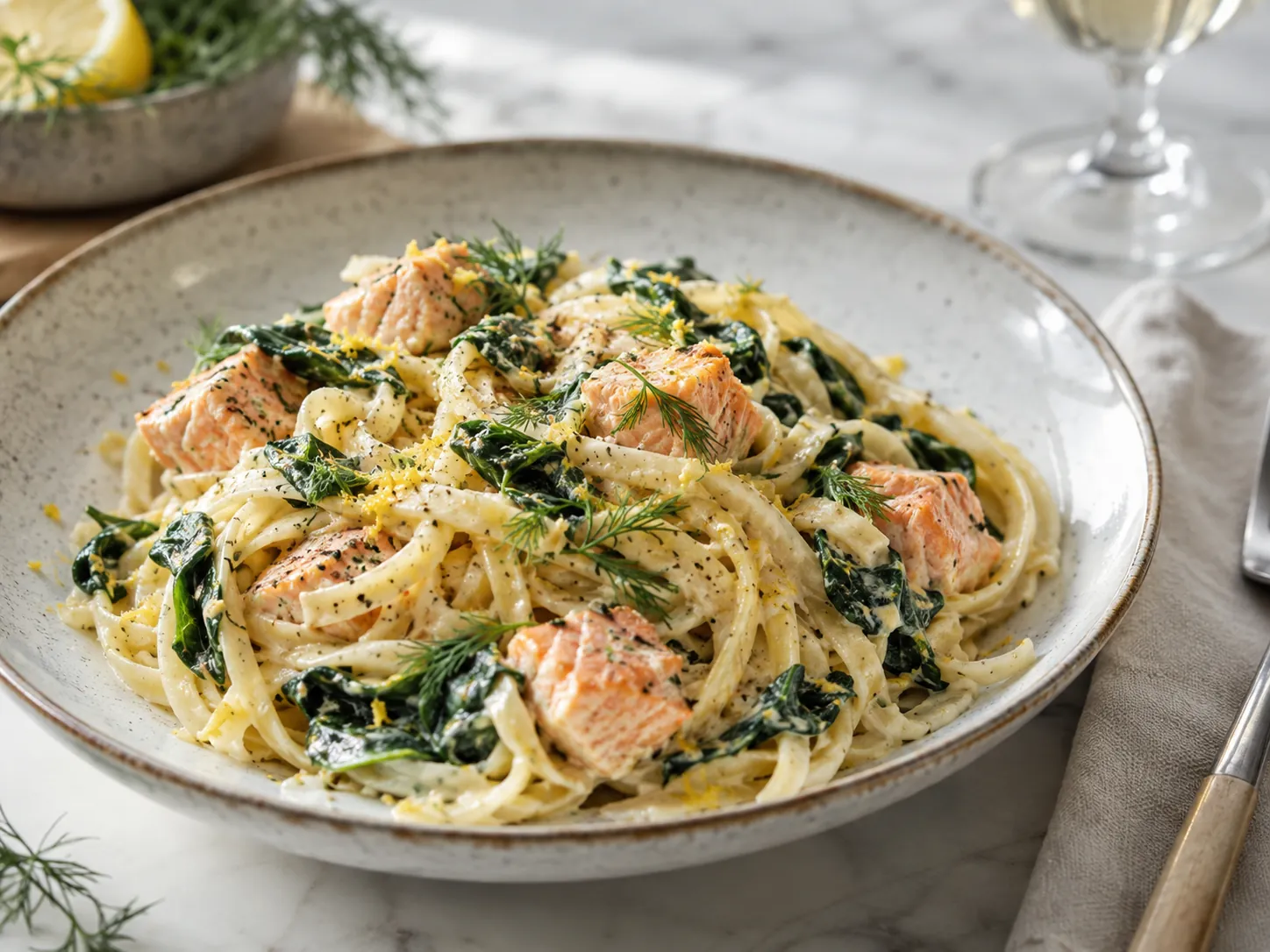 Pasta med laksebiter og babyspinat i lys fløtesaus