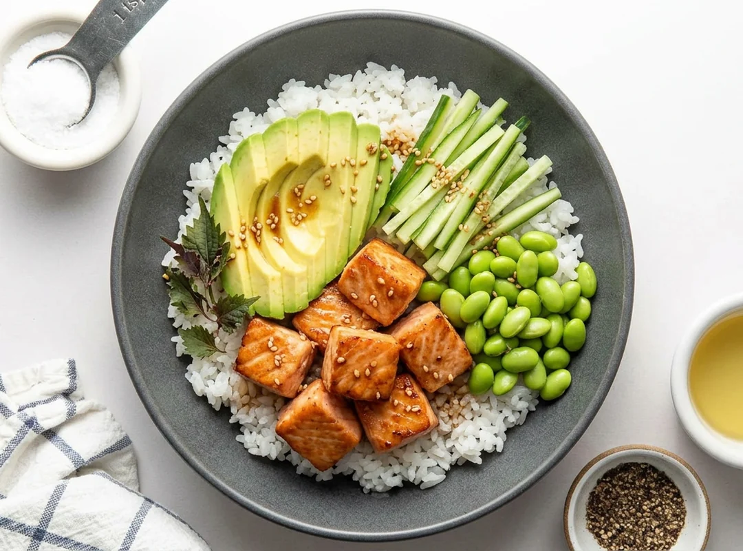 Laksebowl med stekte laksebiter, sesam-soyadressing, ris, avokado, agurk og edamame