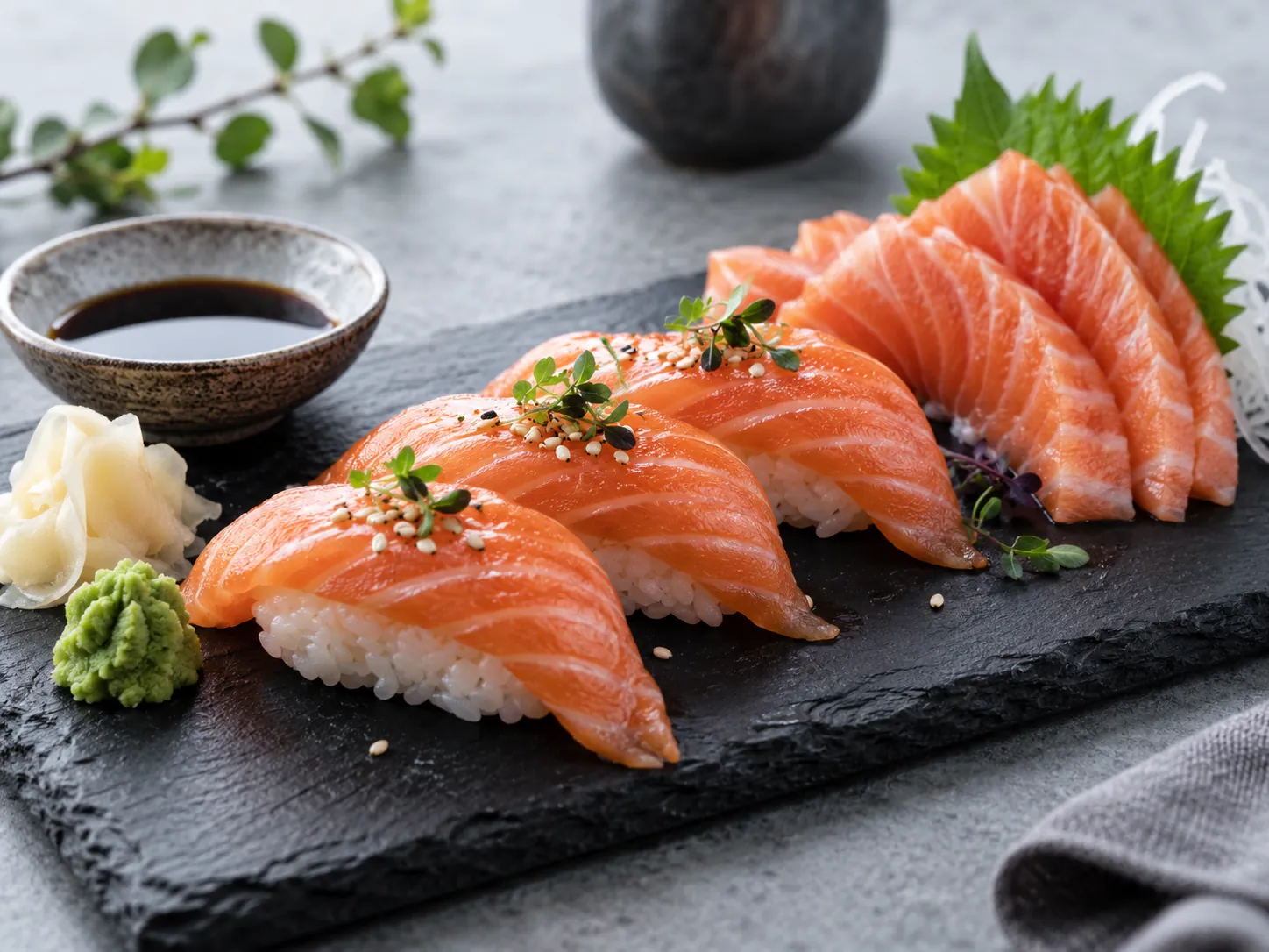 Nigiri og sashimi av laks på skiferplate med wasabi, ingefær og soyasaus