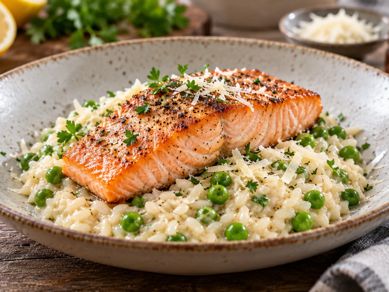 Kremet risotto med erter og parmesan, stekt laksefilet oppå