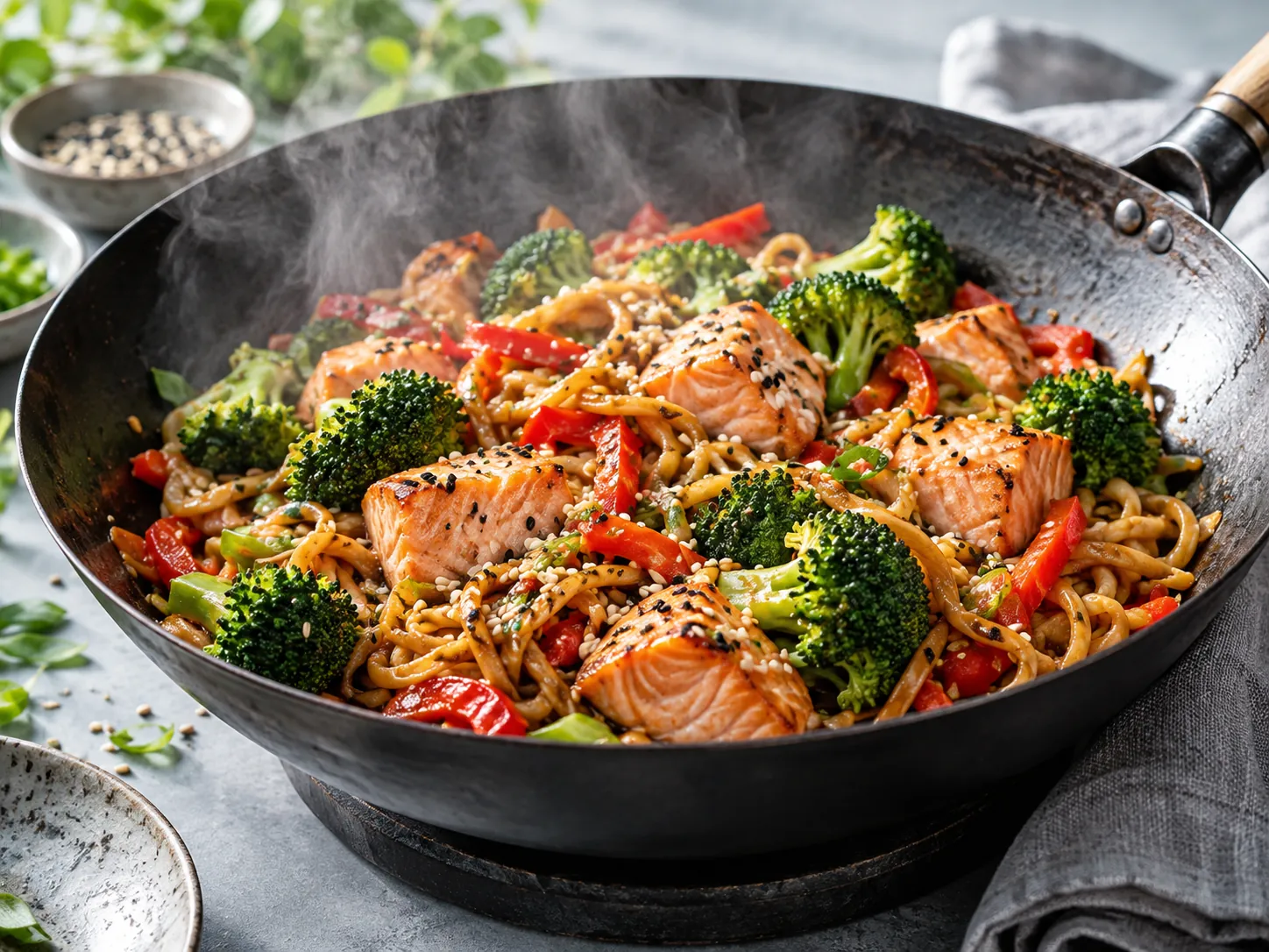 Wok med laksebiter, nudler, brokkoli, paprika og sesamfrø