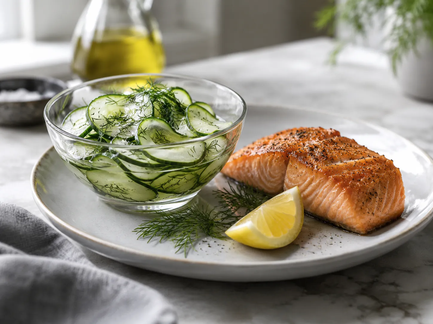 Agurksalat med tynne skiver og dill i glasskål ved siden av stekt laksefilet