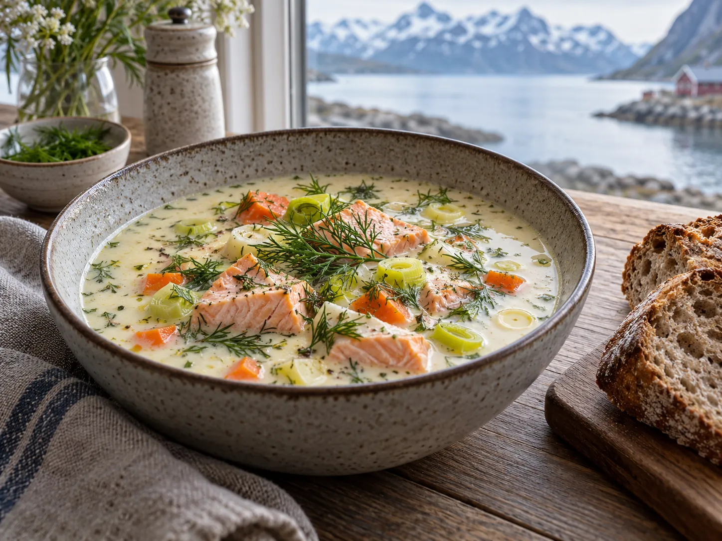 Kremet fiskesuppe med laksebiter, purre, gulrot og dill, brød ved siden av
