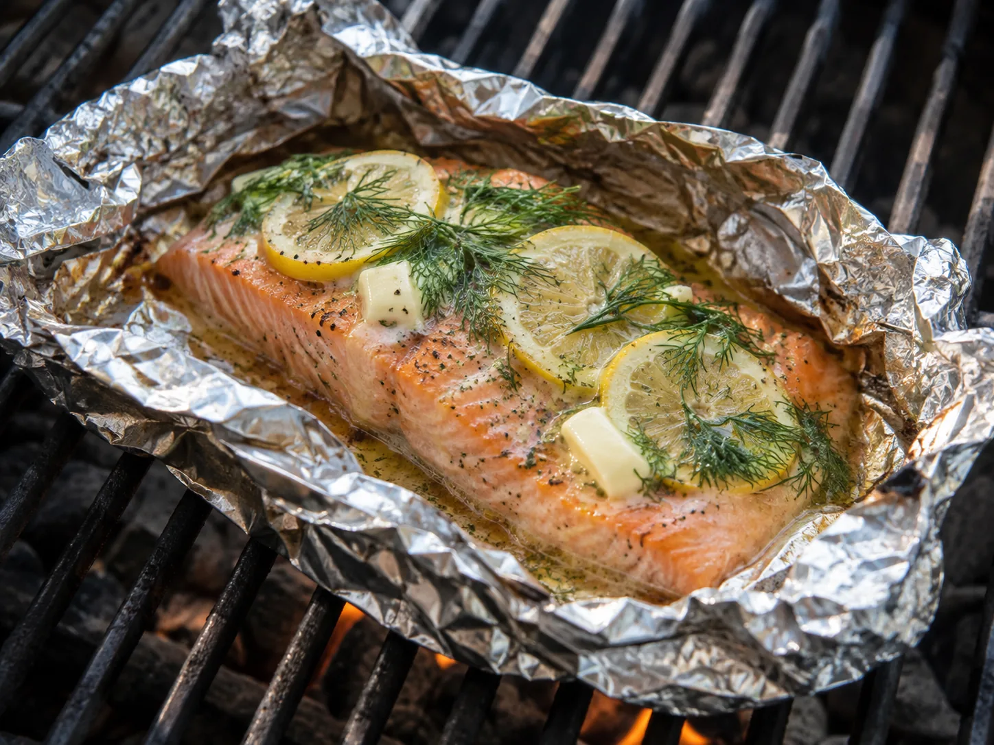 Åpnet foliepakke på grillrist med laksefilet, smør, sitronskiver og dill