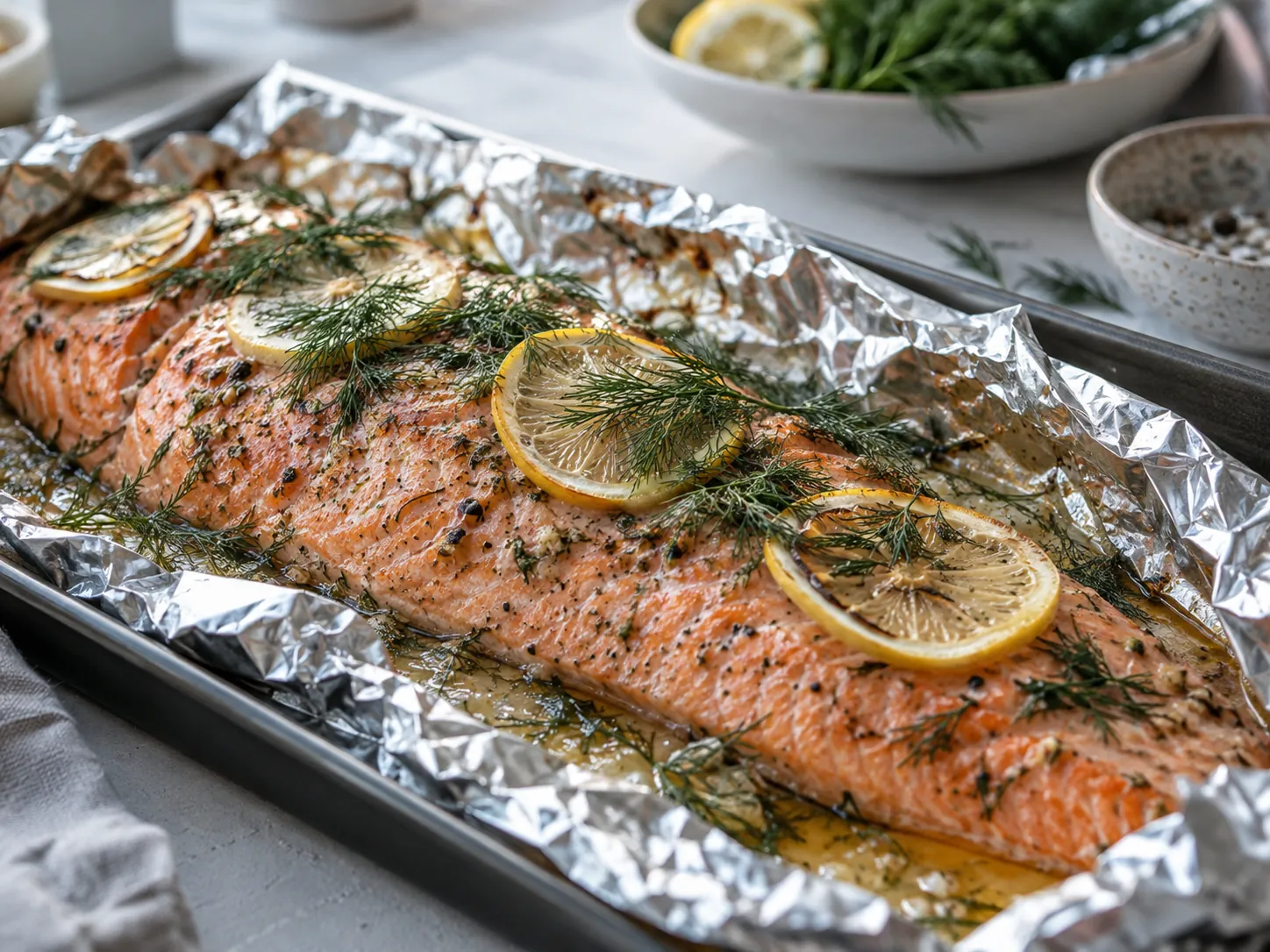 Hel ovnsbakt lakseside i åpnet folie med sitronskiver og dill