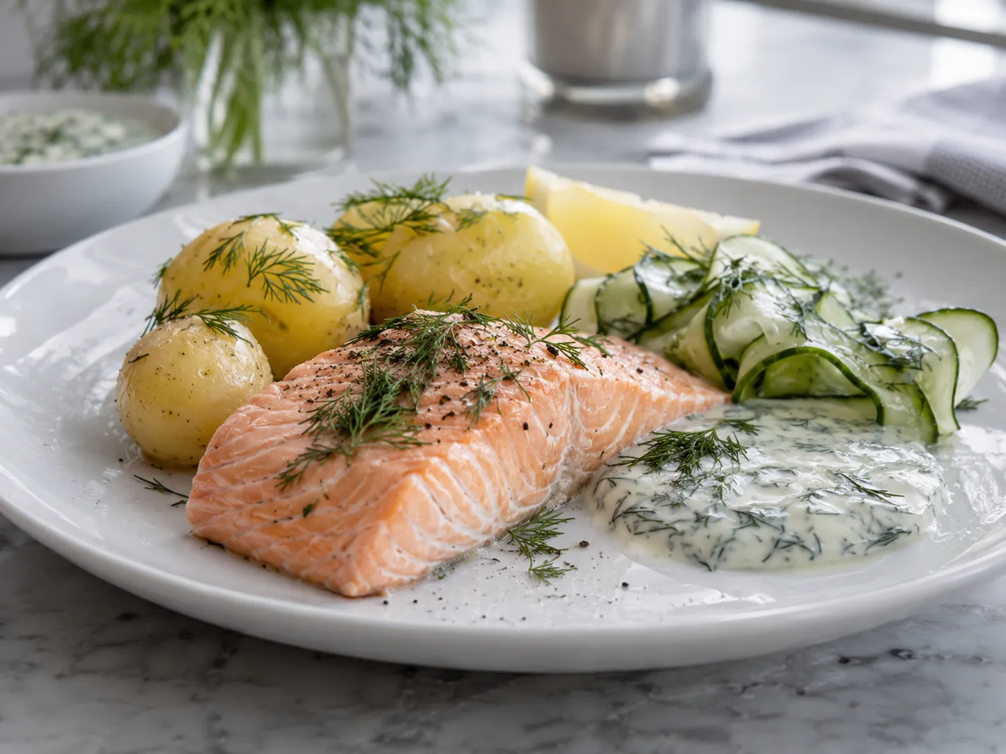 Trukket laksefilet med kokte poteter, agurksalat og dillsaus