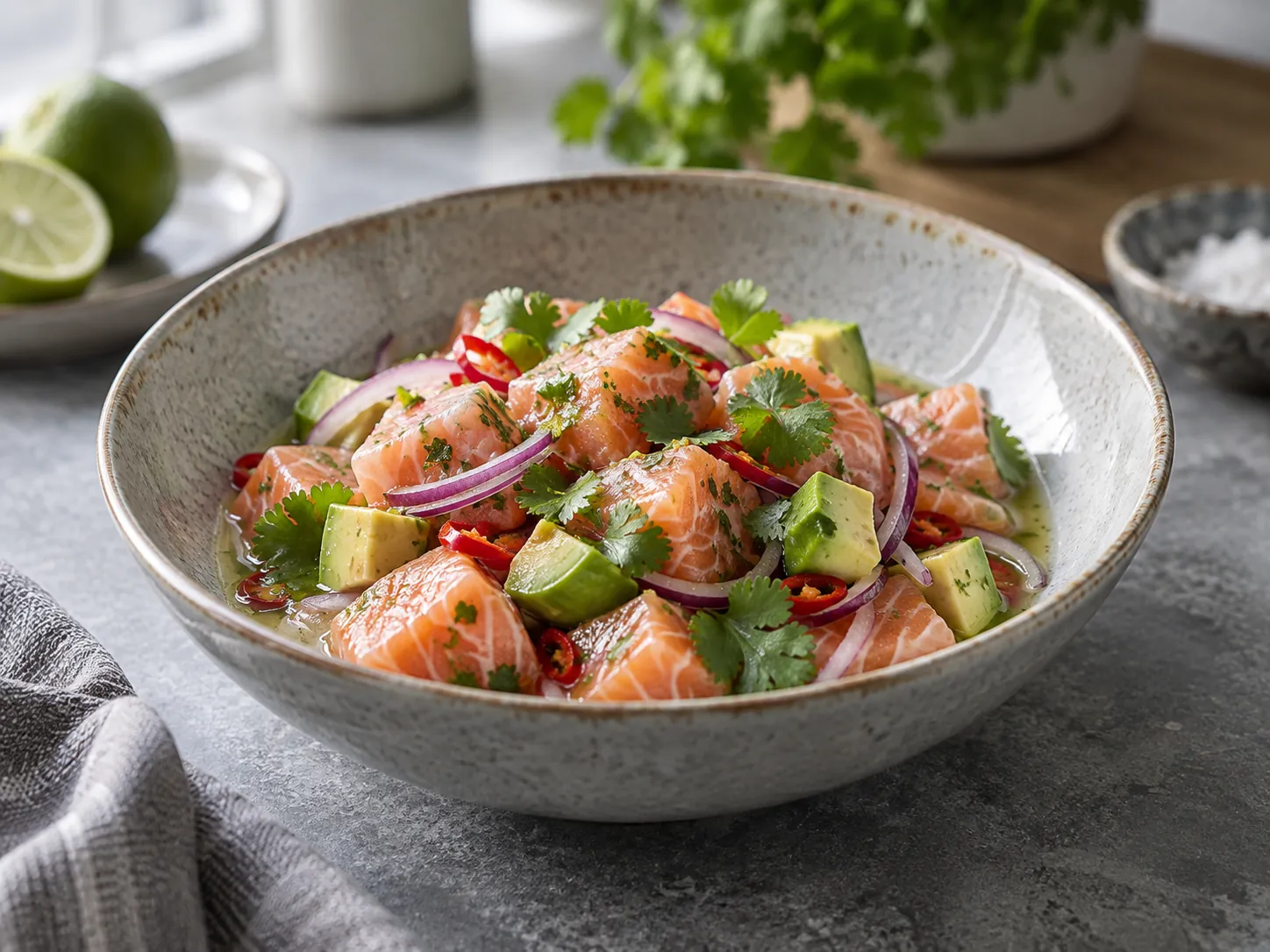 Lakseceviche med terninger i limesaft, rødløk, chili, avokado og koriander i skål