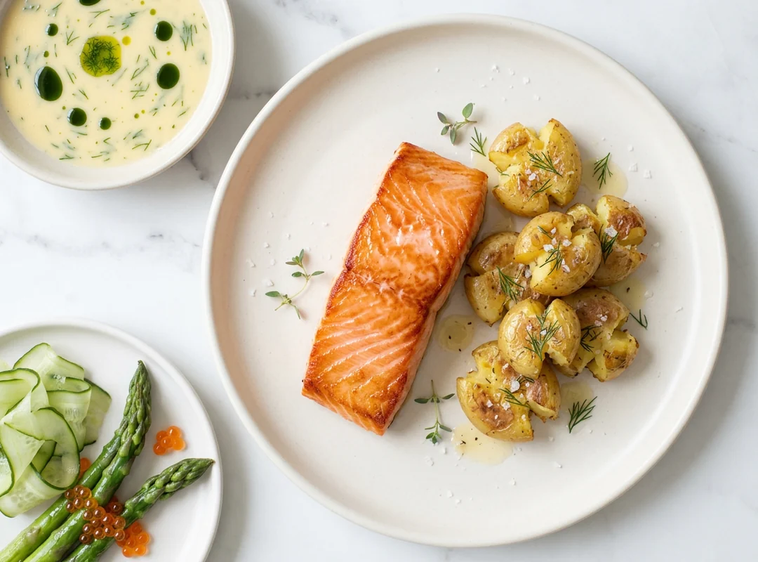 Laksefilet med knuste nypoteter, dillsaus og sitron – klassisk tilbehør til laks