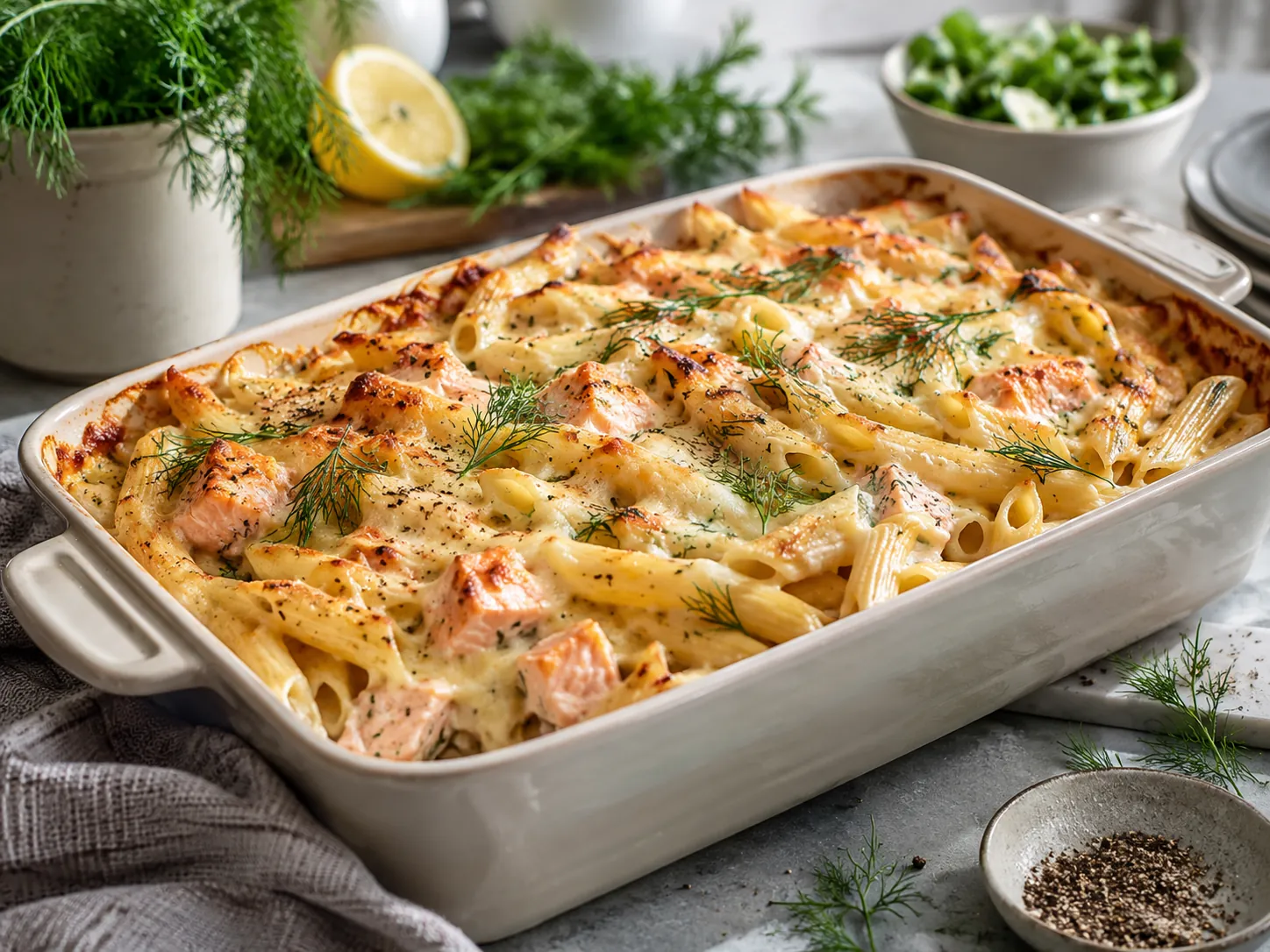 Laks og penne i form med fløtesaus og gratinert ost