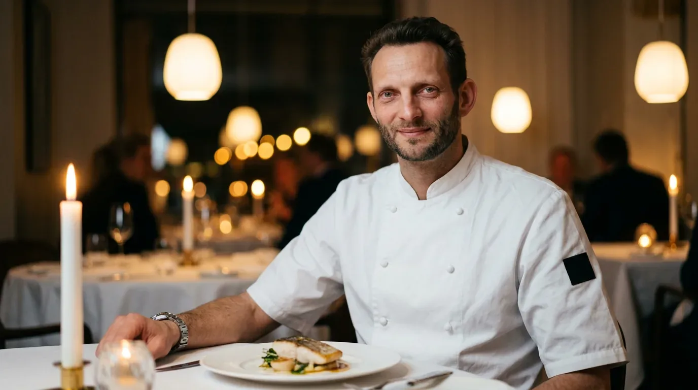 Nicolai Radmer Nielsen, stjernekokk og lakseekspert hos Fiskeruta, fotografert i restaurantmiljø