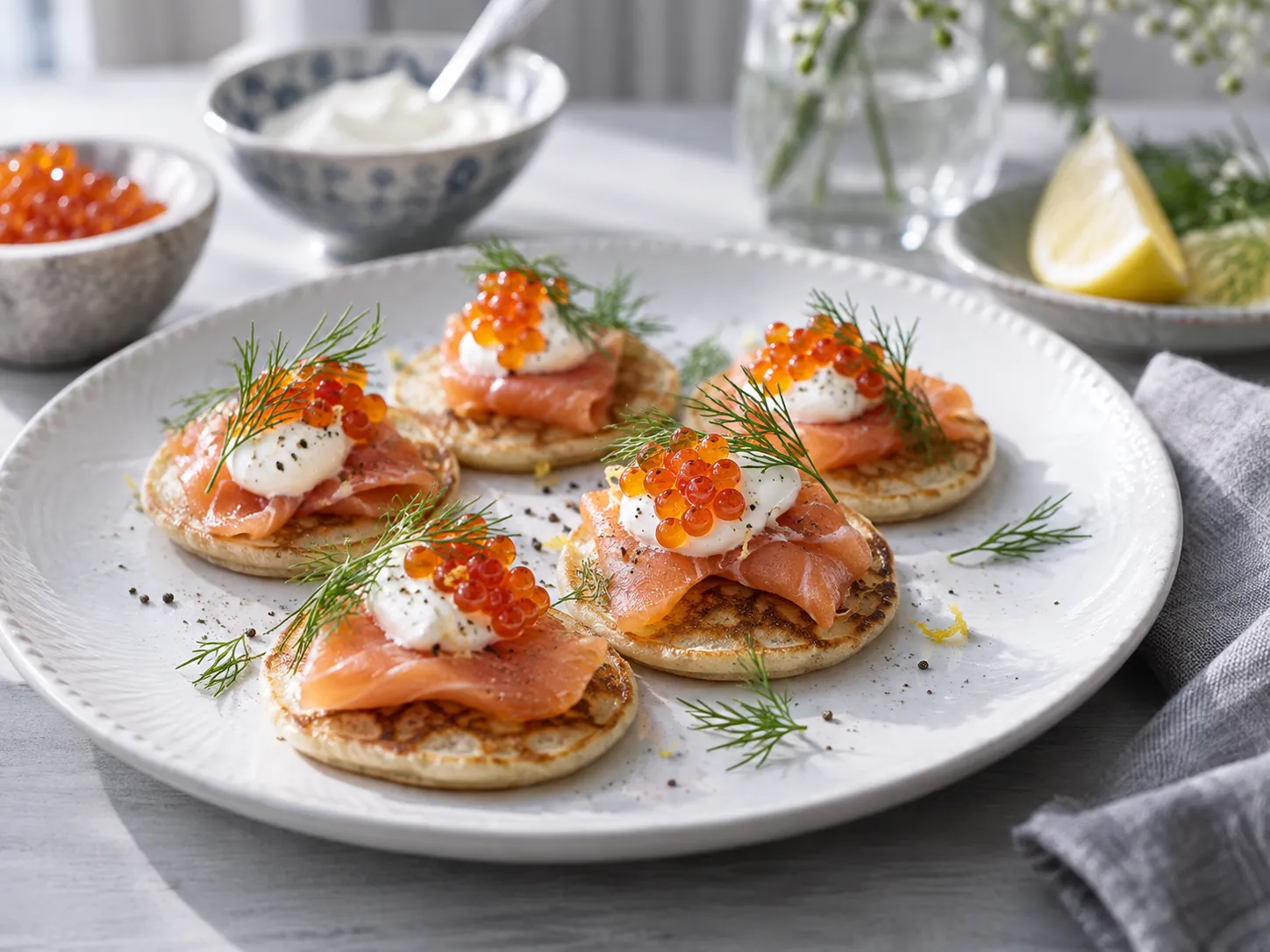Forrett med blinis, røkt laks, rømme, rogn og dill på hvit tallerken